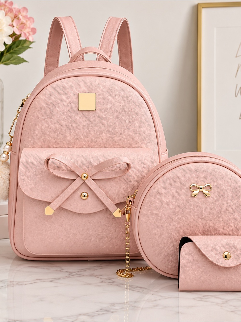 Blush Pink Bow Accent Women's Backpack Set